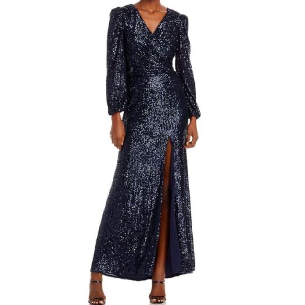Aqua Formal - Navy Sequin Twist-Front Gown